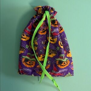Handmade Halloween Pumpkin Face Draw String Gift Bag, Halloween Themed Bag